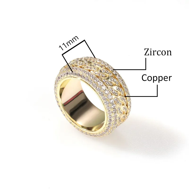 Zircon Diamant Bagues Or Bling Bling Hip Hop Iced Out Bague Cubaine Lien Chaîne 11mm Exagéré Anneau De Bande pour Femmes Hommes Bijoux Vintage