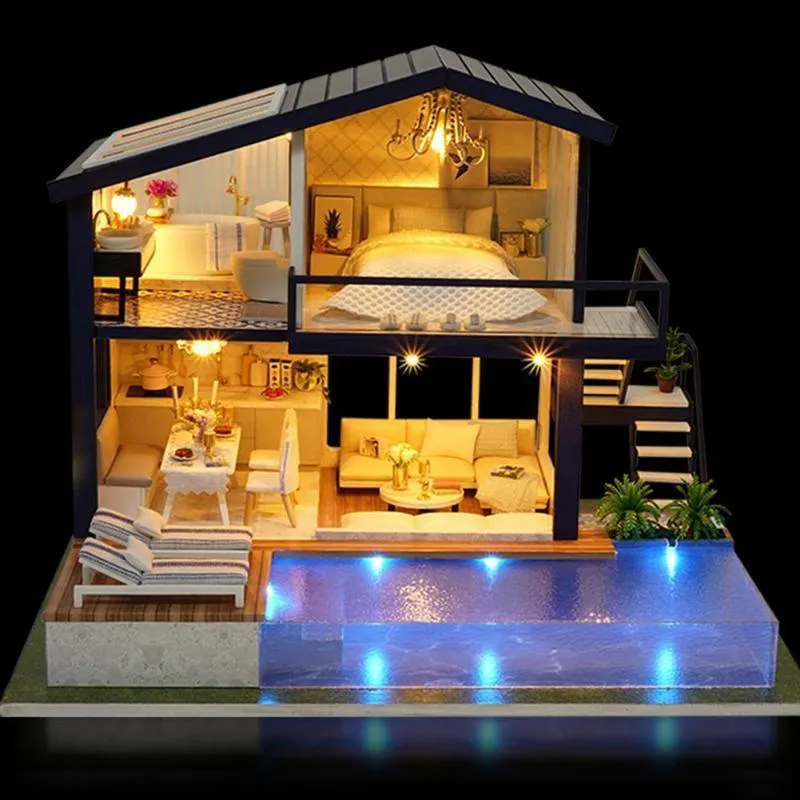 Новая девушка DIY 3D деревянный мини -кукольный домик Квартирный дом в кукол домик мебель для образовательных игрушек мебель для детей Love Gift T200119247122
