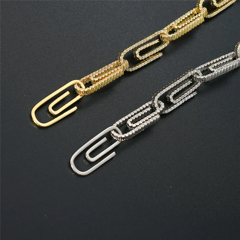 18K chapado en oro clip de papel collar pulseras oro plateado encanto pulseras de diamantes para hombre Bling Jewelry303u