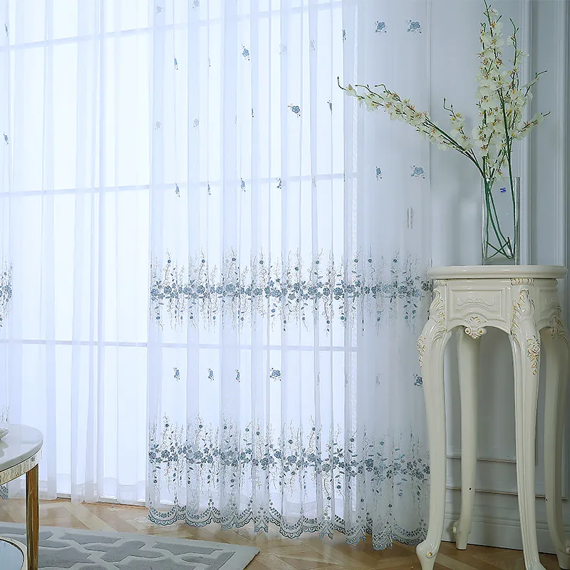 Weißer koreanischer bestickter Tüll-Vorhang für Wohnzimmer, blauer transparenter Vorhang für Schlafzimmer, Fenstervorhänge 40 LJ201224