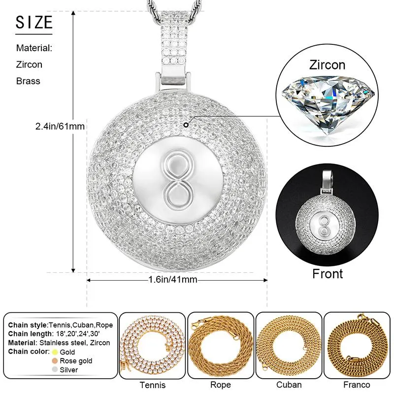Pendentif de billard sphérique en Zircon glacé, 8, collier pour hommes, bijoux Hip Hop, personnalité, cadeau 294K