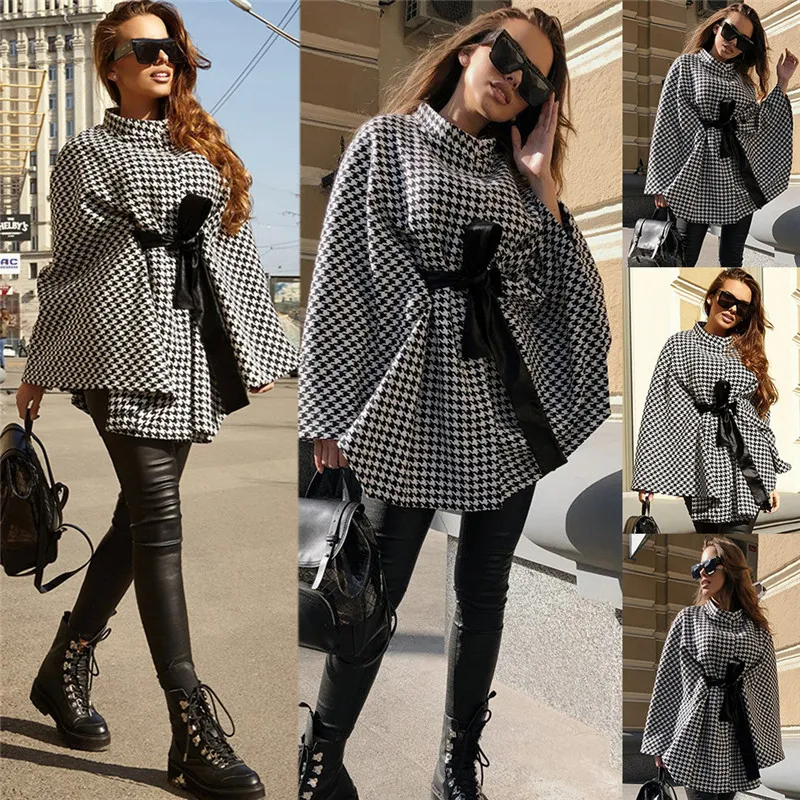 Donna Plaid Print Cape Autunno Streetwear Dolcevita Tie Up Scialle asimmetrico Poncho Pullover Abiti Pied de poule Cappotti Chic 201210