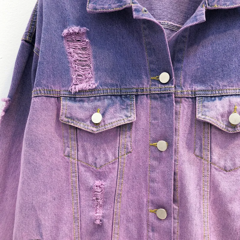 Flectit Harajuku Street Style Ombre Wash Oversized потертая джинсовая куртка для женщин Выцветшая фиолетовая джинсовая куртка Grunge Veste Femme 201112