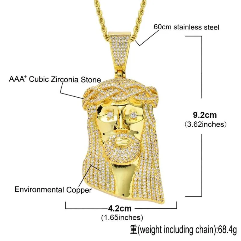92mm High Big Jesus Piece Pendants Halsband Hip Hop Cubic Zirconia Paved Bling Iced Out Men Rapper Jewelry Gold Color1260b