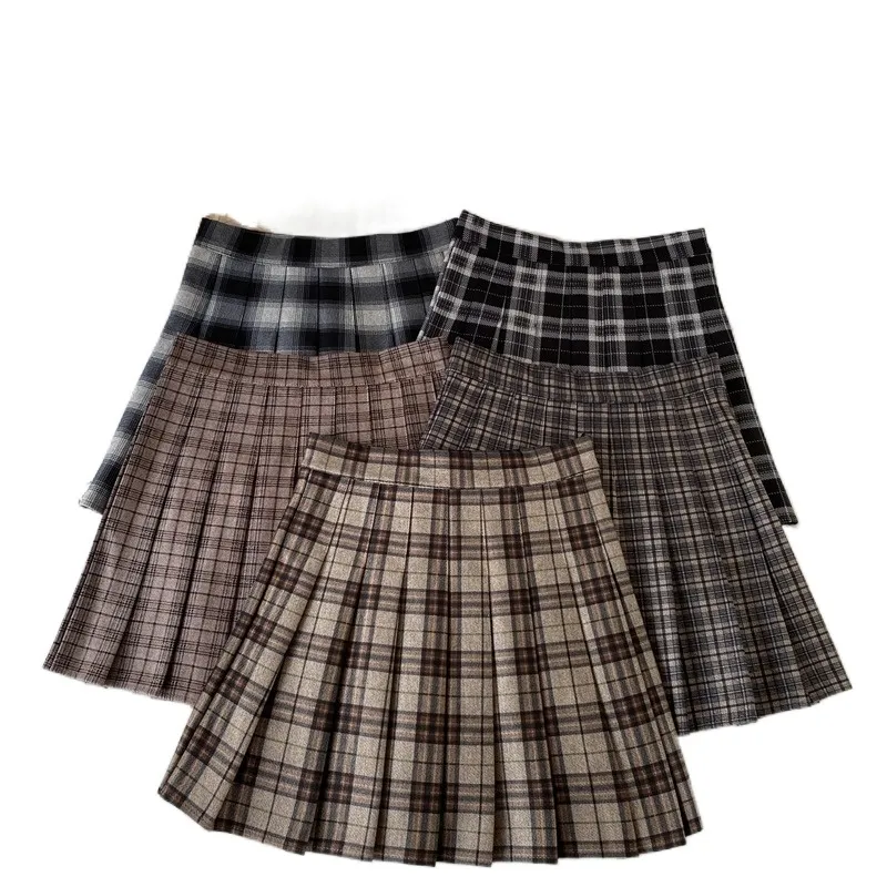 Korean Style Plaid Pleated Skirt Female Spring and Autumn High Waist Thin A-line Short Student Woolen Thick 220224