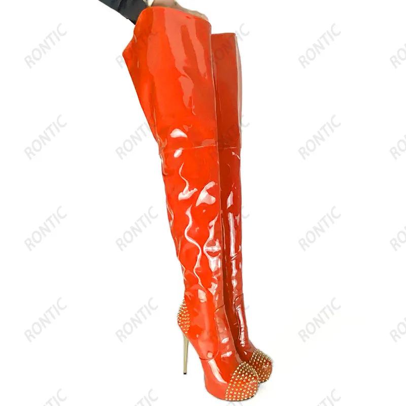ローンティックな手作りの女性冬のクロッチブーツセクシーなスタッドサイドジッパースティレットヒールラウンドトゥゴージャスな赤いパーティーシューズUSサイズ5-20