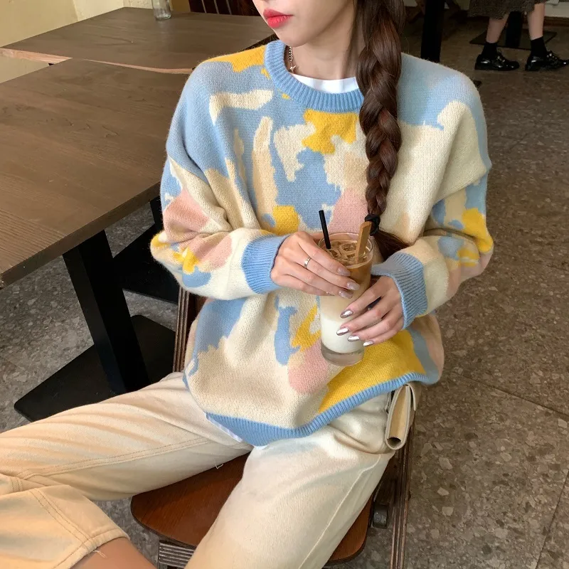 Donne lavorato a maglia carino moda maglione allentato primavera autunno scollo a V manica lanterna ricamo floreale Harajuku cardigan femminile A28G 210420