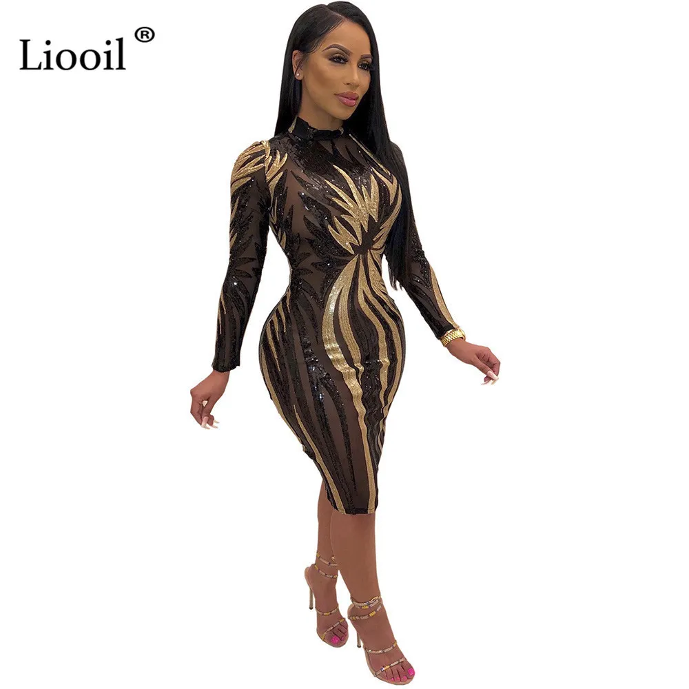 Black and Gold Sequin Dress Mesh Bodycon Midi Sexy Club Outfits 2020 Long Sleeve See Through Tight Dresses Woman Party Night LJ200818