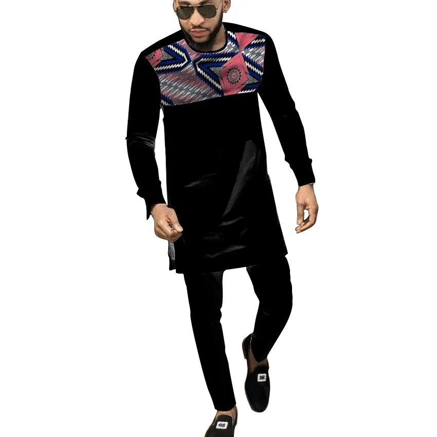 Black African Cothes for Men Dashiki National Man Patchwork Shirt With Solid Long Pant Custom Made Africa Clothing LJ201125