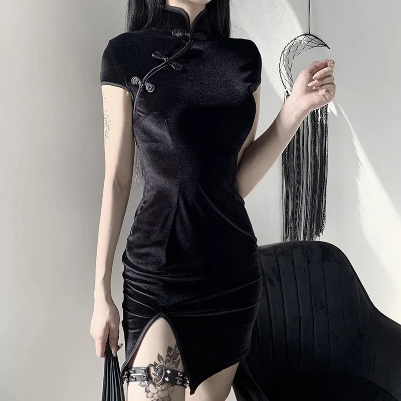 Goth Karanlık Kadınlar Elbise Cheongsam Çin tarzı Skinny Mini Elbise Sokak Giyim Seksi Vintage Harajuku Yaz Kadın Giyim İnce 2020 Y240s