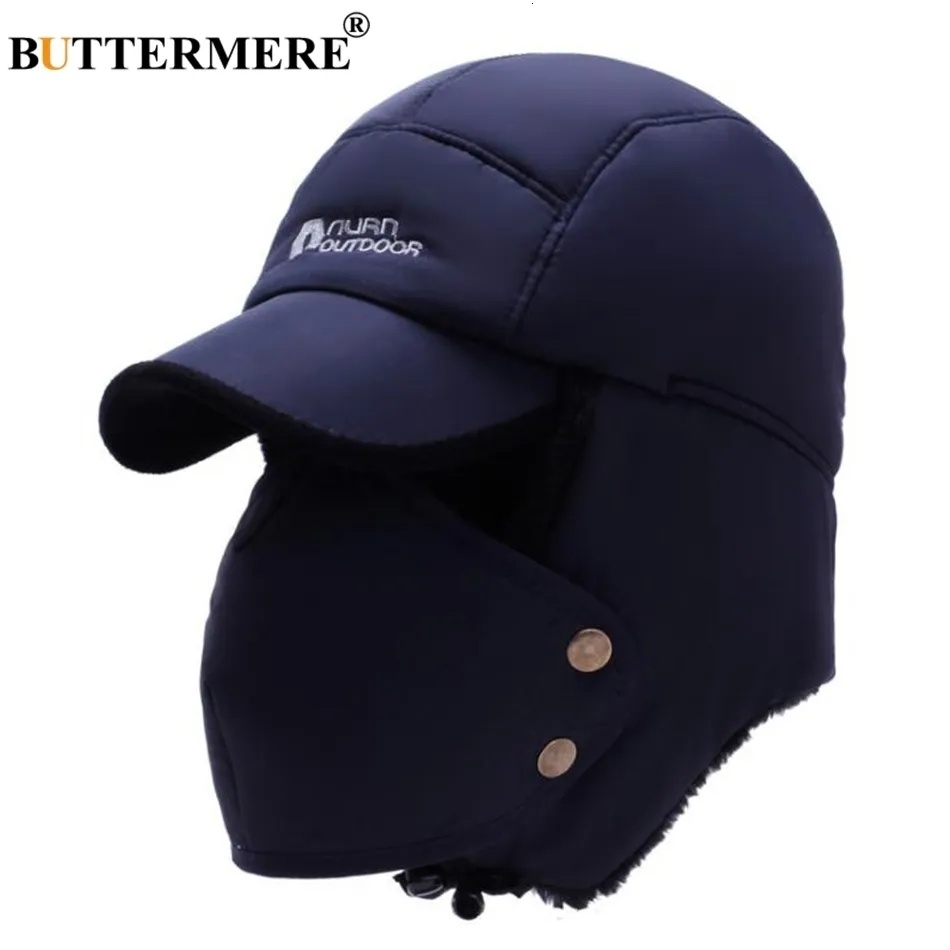 BUTTERMERE Men'S Winter Hats Russian Bomber Coffee Cotton Earflap Caps Male Mask Detachable Baseball Cap Fur Warm Ushanka Hat228G