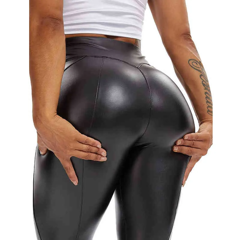 Kvinnors faux läder leggings byxor pu elastisk formning höft push upp svart sexig kurvig stretchig hög midja strumpbyxor med blixtlås H1221
