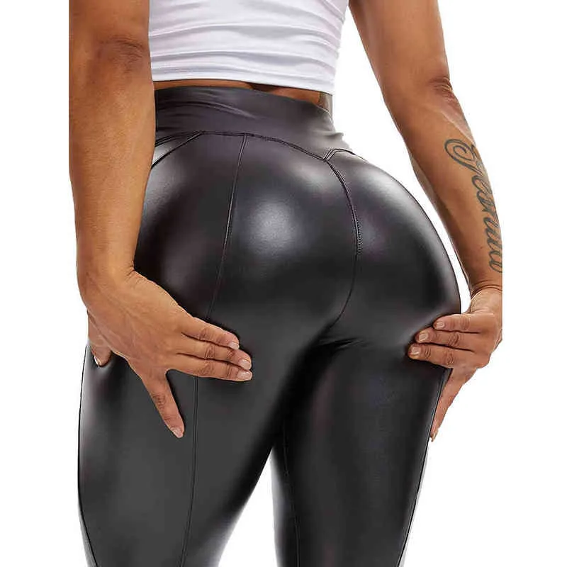 Women's Faux Leather Leggings Pants PU Elastic Shaping Hip Push Up Black Sexy Curvy Stretchy High Waisted Tights with Zipper H1221