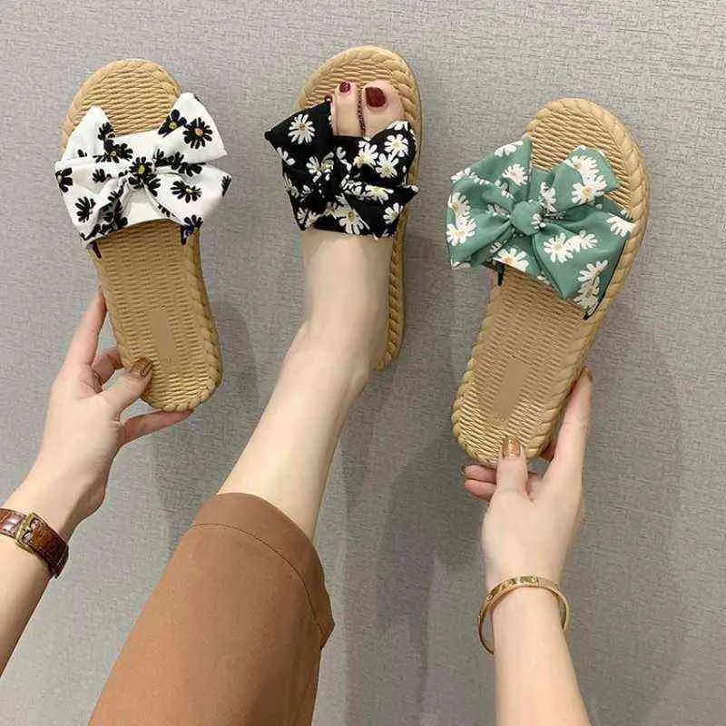 Women's New Slippers Sandals and Slippers Wear Summer Floral Bows, Flat-bottomed Fashion Soft-bottomed Flip Flops Fashion Trends Y220221