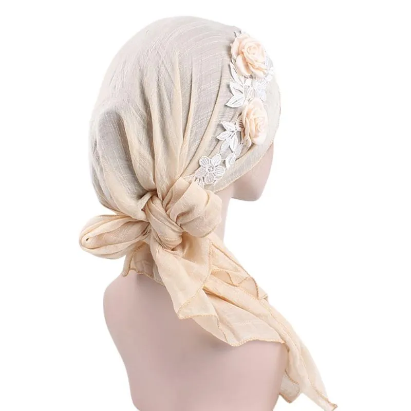 Retro Solid Color Flower Turban Cap Muslim Head Cap Hijabs Muslim Islamic Scarf Scarves for Woman Long Underscarf Turbante 4 11264m