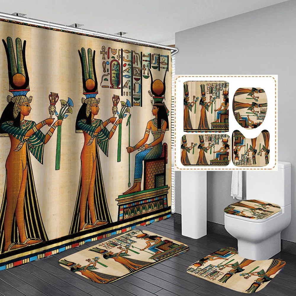 Starożytne Egipskie Kobiety Prysznic Zasłona Poliester Tkanina 4 Sztuka Łazienka DIY Decor Retro Projekt Dywan Pokrywa Mata WC T200711