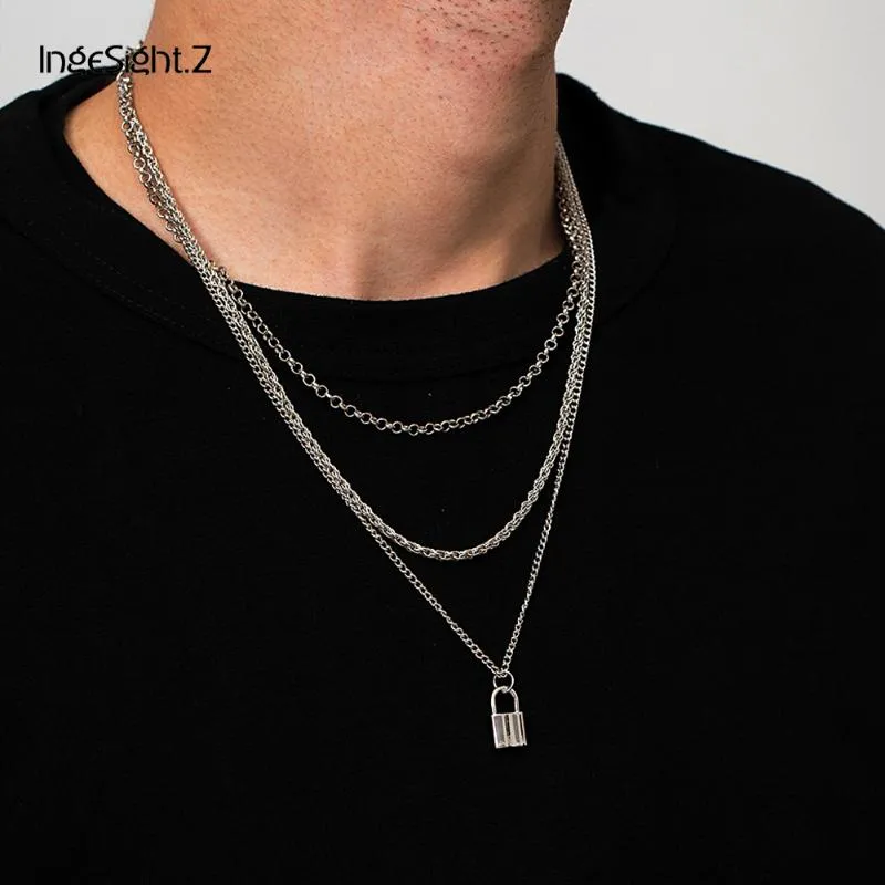 IngeSight Z gothique multicouche couleur argent lien chaîne collier ras du cou collier pour femmes hommes cadenas pendentif colliers bijoux225E