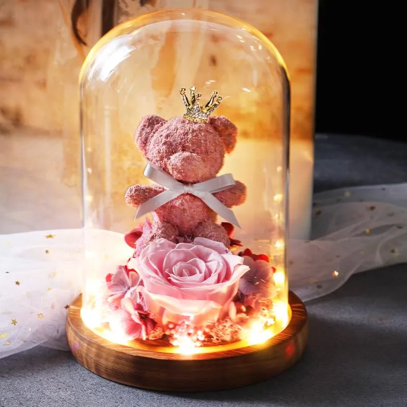 Nya nallebjörn rosblommor i Glass Dom Light Festival Flowers Home Wedding Decoration Birthday Valentine's Day Flower Gifts2011