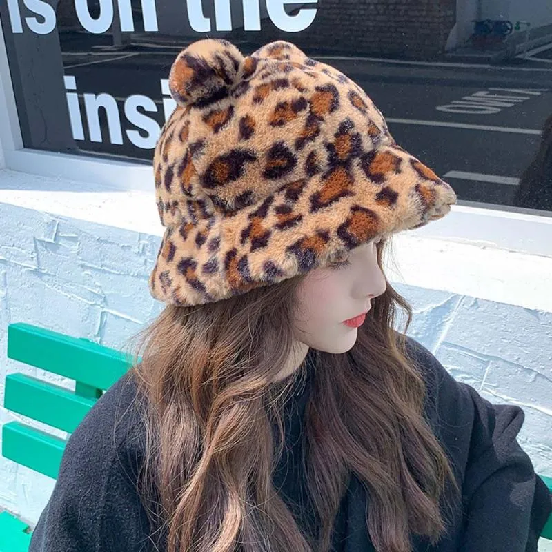 Leopardo impressão pescador chapéu feminino outono chapéu de inverno moda fofa orelhas de pelúcia de pelúcia Bacia grossa de peles de peles Hats191v