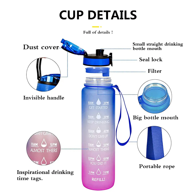 1L Water Bottle Sport Cup A Free Tritan Outdoor Travel Portable Leakproof Drinkware GYM Jug Drink Bottles Camping Supplies 220217