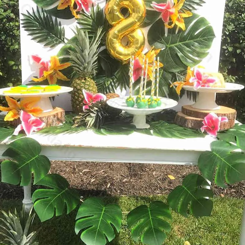 60 adet Yapay Tropikal Palmiye Yaprakları Hawaii Luau Parti Yaz Orman Tema Partisi Dekorasyon Düğün Doğum Günü Ev Masa Dekor 211216