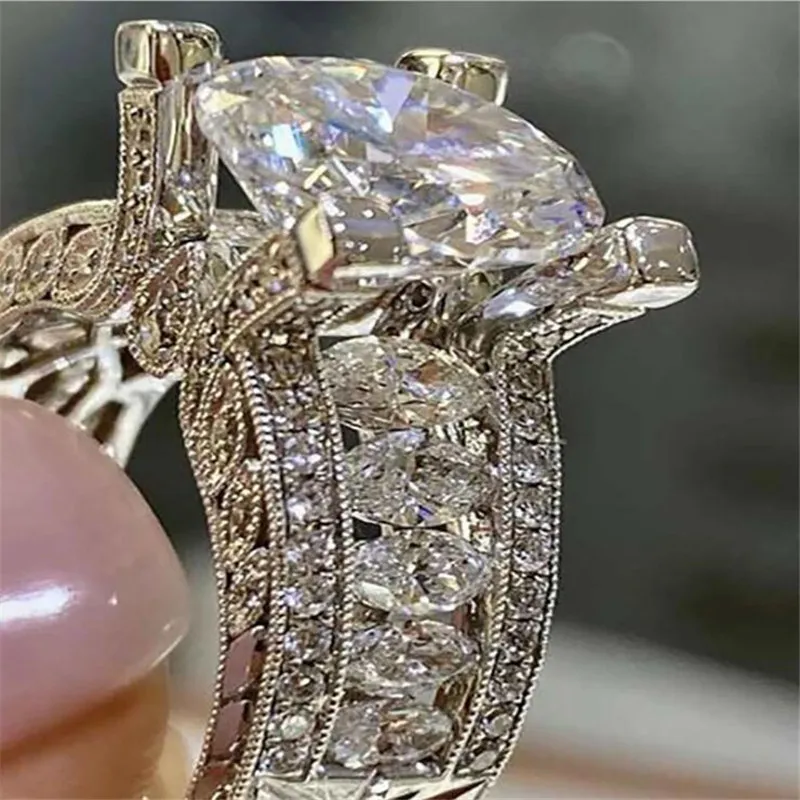 Top Sell Vintage Fine Jewelry 925 Sterling Silver Marquise Cut White Topaz Cz Diamond Gemstones Women Wedding Engagement Band Ring196b