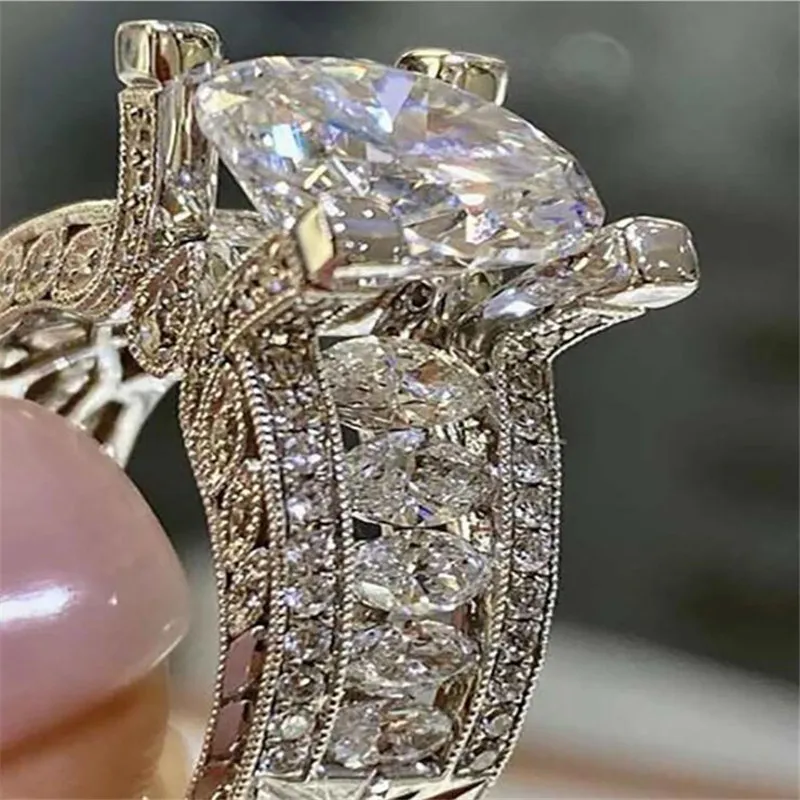 Top venda vintage jóias finas 925 prata esterlina marquise corte branco topázio cz diamante pedras preciosas feminino casamento noivado banda ring267p