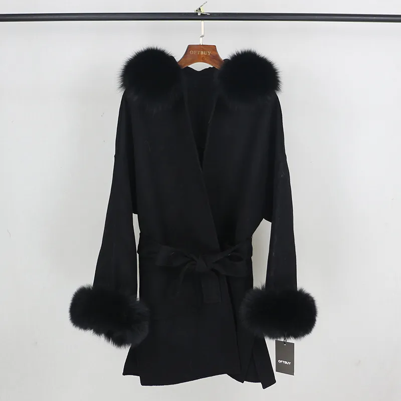 OFTBUY 2020 Manteau de fourrure véritable Veste d'hiver Femmes Naturel Fox Collier de fourrure Poignets Capuchon Cachemire Laine Laine Oversize Dames Vêtements d'extérieur LJ201128