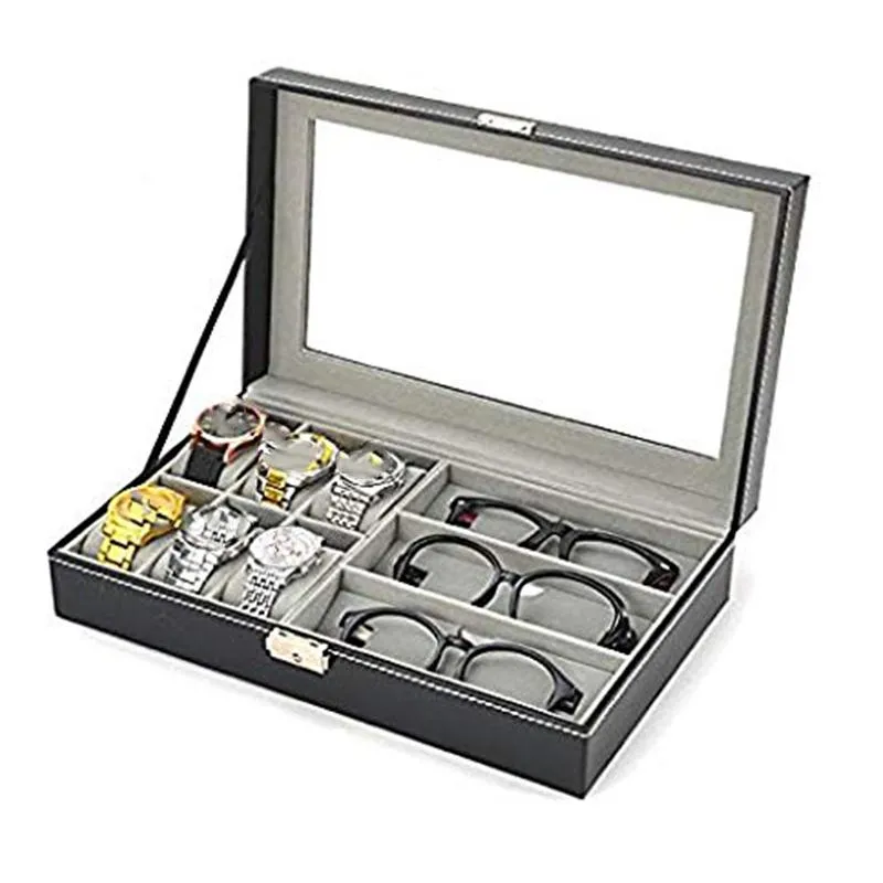 Boîtes de rangement verres en cuir synthétique Boîte d'exposition à couverture transparente avec 6 grilles et 3 verres de rangement268Q