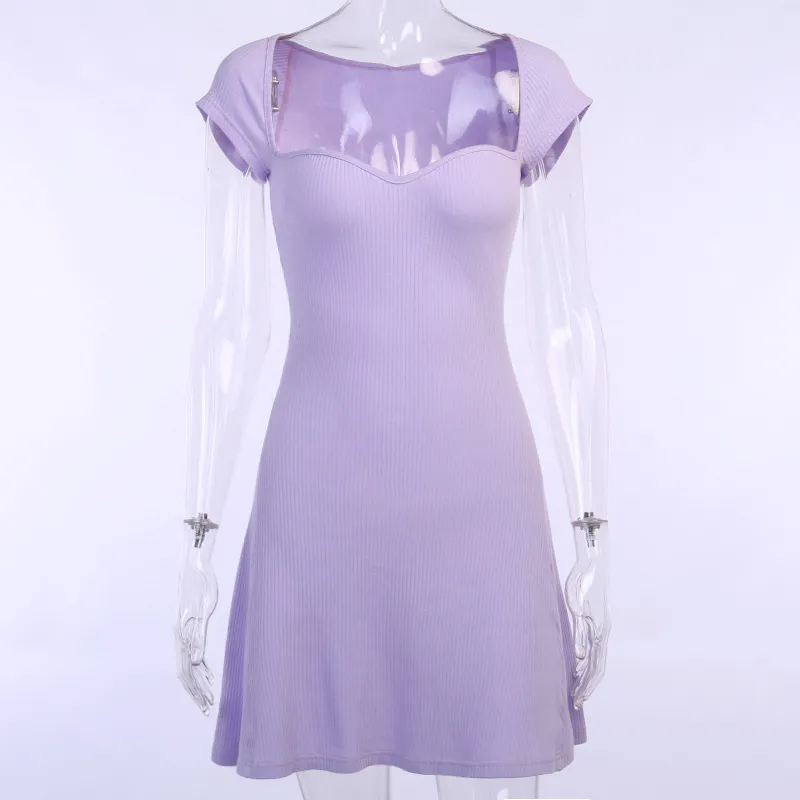 Wannathis Purple Squere Collar Krótki Rękaw Mini Dress Kobiety Slim Dzianiny Elastyczna Solidna Kolor Moda Letnia Elegancka Dress Party Y0118