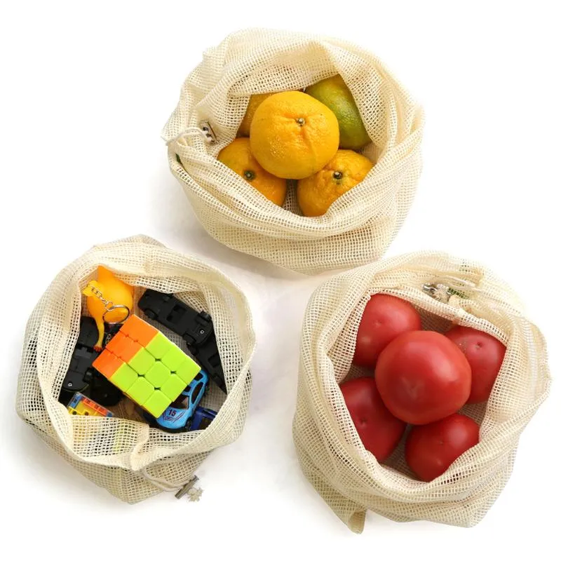 Zestaw siatki wielokrotnego użytku worki bez plastikowej bawełny torebki warzywne zmywalny sznurka na zakupy FP296W