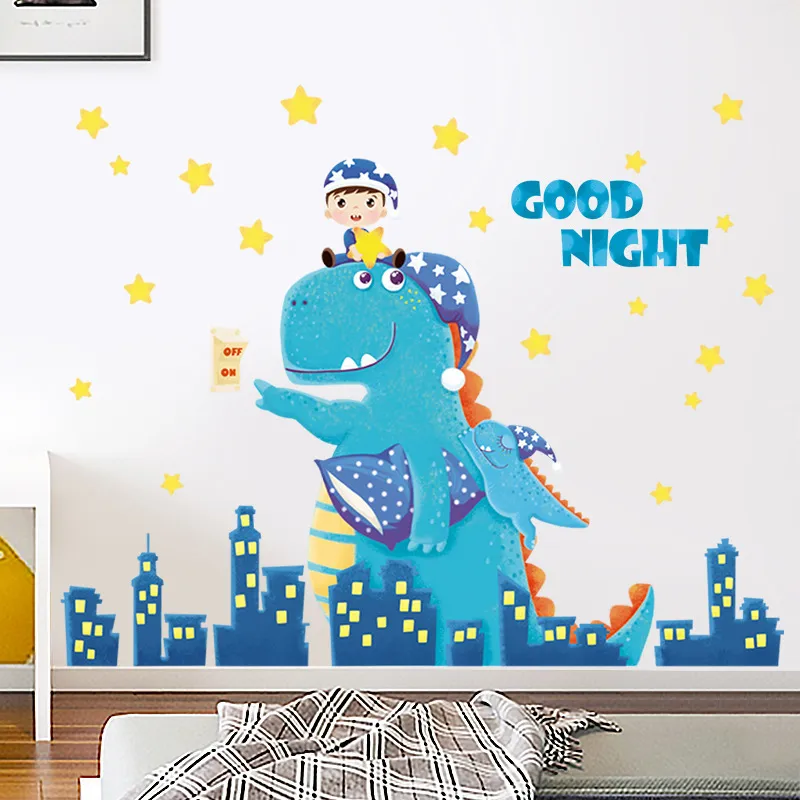 漫画おやすみの恐竜壁ステッカーキッズルームのための赤ちゃんの家の装飾面白い動物デカールdiyボーイズルーム壁画アートT200601