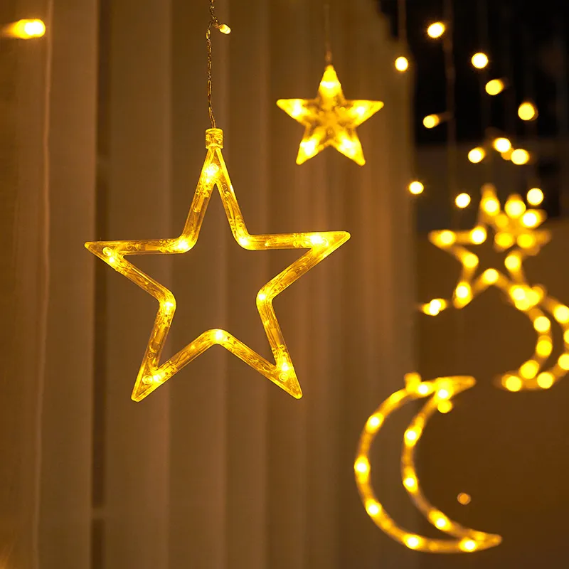 Moon Star LED Curtain Lights 220V EU Plug Fairy Christmas Garlands Outdoor Decoration Holiday Festival Twinkle String Y201020