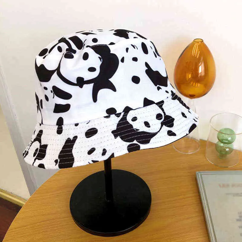 春のファッションリバーシブルブラックホワイト牛パターンバケツの帽子女性ゴーラス夏G220311のための漁師の帽子