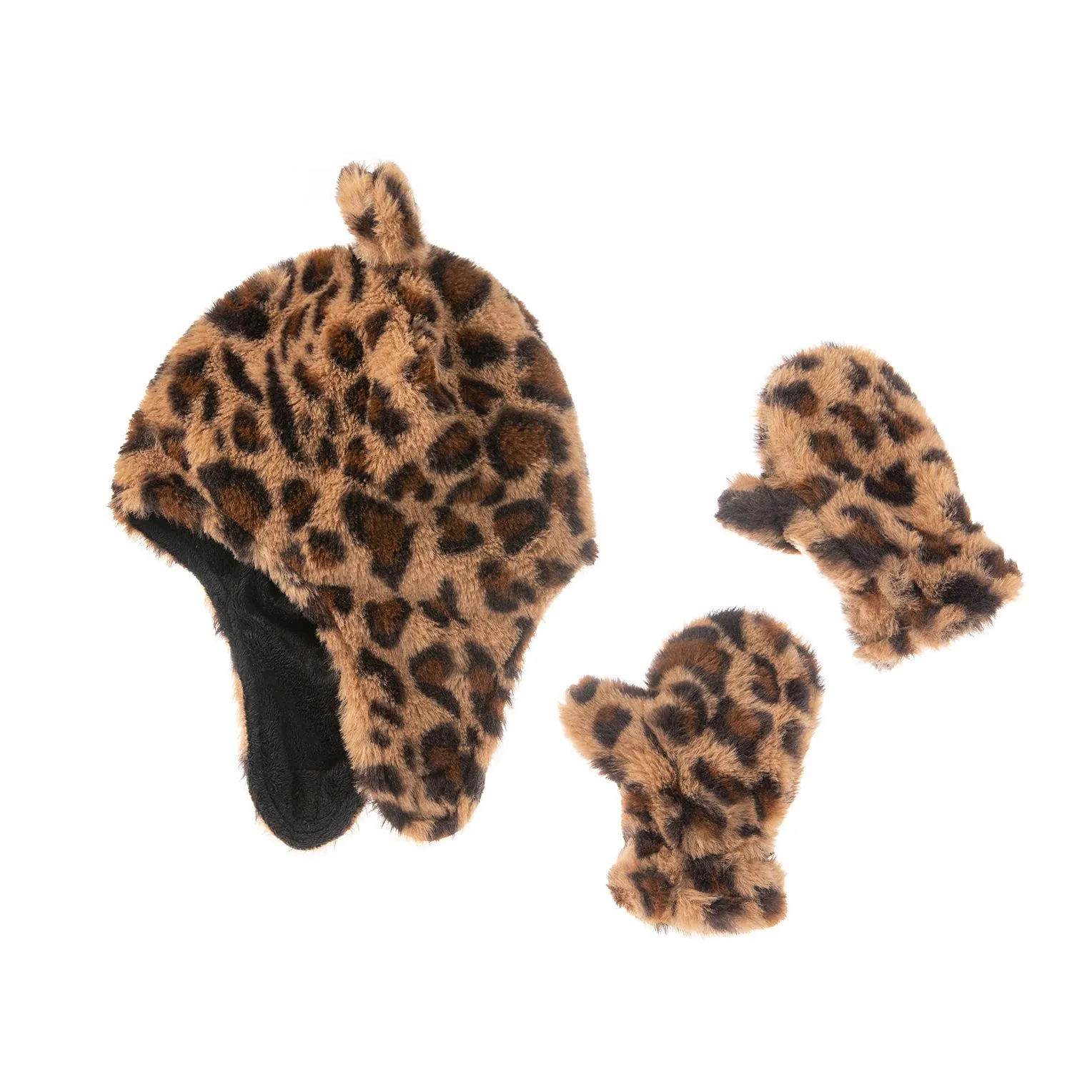 New Autumn Winter Warm Baby Leopard Plush Hat Mitten Set Child Babies Earmuff Hats Beanie Gloves Kids Hat + Gloves 