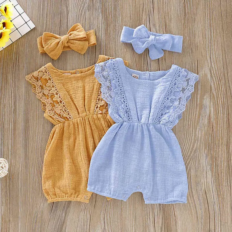 Sommar Baby Girl Rompers Nyfödda Baby Kläder Toddler Flare Ärm Solid Lace Design Romper Jumpsuit med huvudband G1221