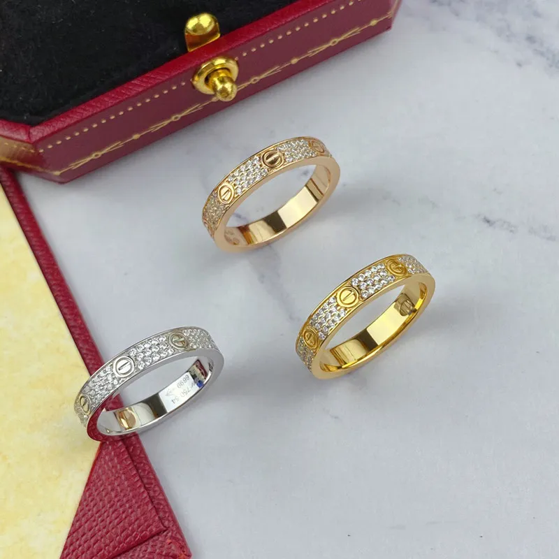 Novo v ouro gypsophila anel cheio de diamante alto carbono diamante amor anel três fileiras diamante casal anel net celebridade model265t
