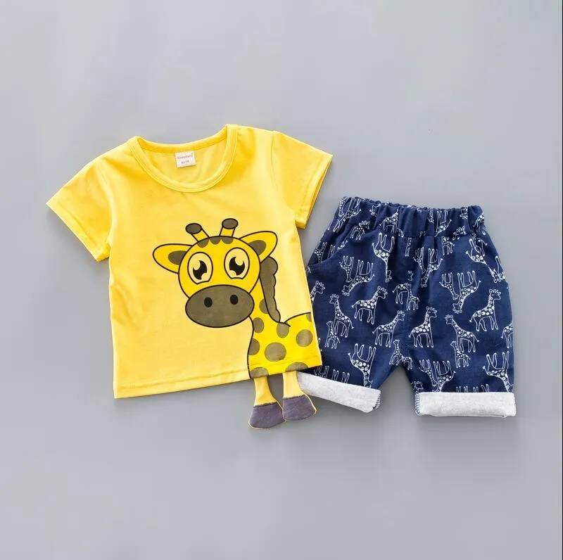 Verão crianças roupas de bebê conjunto para meninos 04 anos corte de pano dos desenhos animados animal infantil roupas terno girafa topo tshirt roupa da criança 26228278