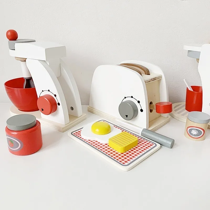 Kinder Holz Pretend Play Sets Simulation Toaster Brot Maker Kaffeemaschine Mixer Backen Kit Spiel Mixer Küche Rollenspielzeug LJ201007