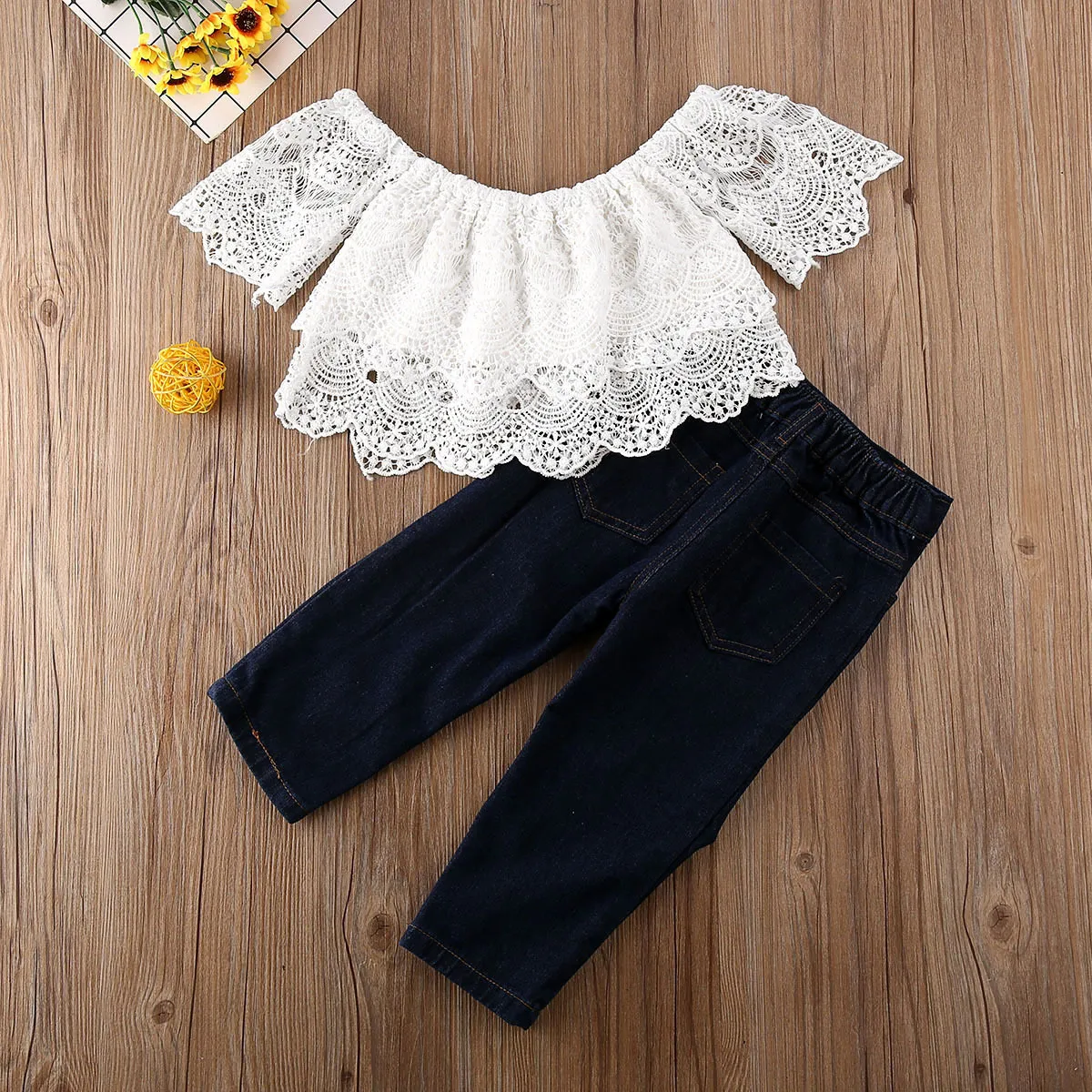 Toddler Kids Baby Girl Clothes Baby Summer Clothing Off Shoulder Lace Tops Ripped Fishnet Patchwork Jeans Pants Outfit Y200831349361