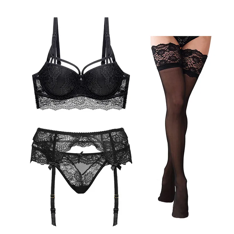 Varsbaby Sexy Lace Lingerie Reúna Roupa Underwear Push Up Sutiã Sets Bra + Calcinha + Liga + Moda 4 Peças Y200708