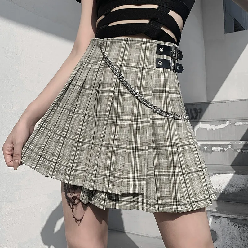 Harajuku Preppy Style Green Plaid High Waist Pleated Skirt With