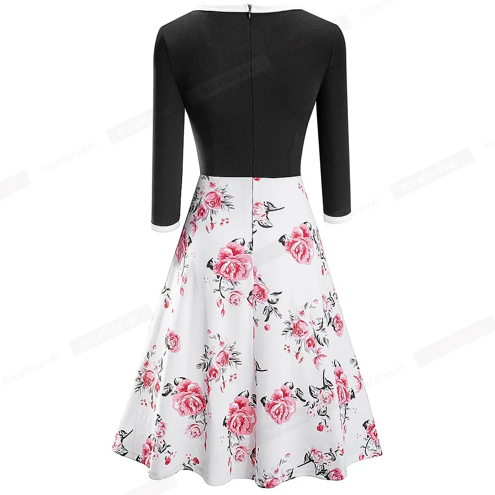 Nice-forever 2021 Spring Retro Floral Patchwork Elegant Dresses Casual Flare Swing Women Dress A243 X0521