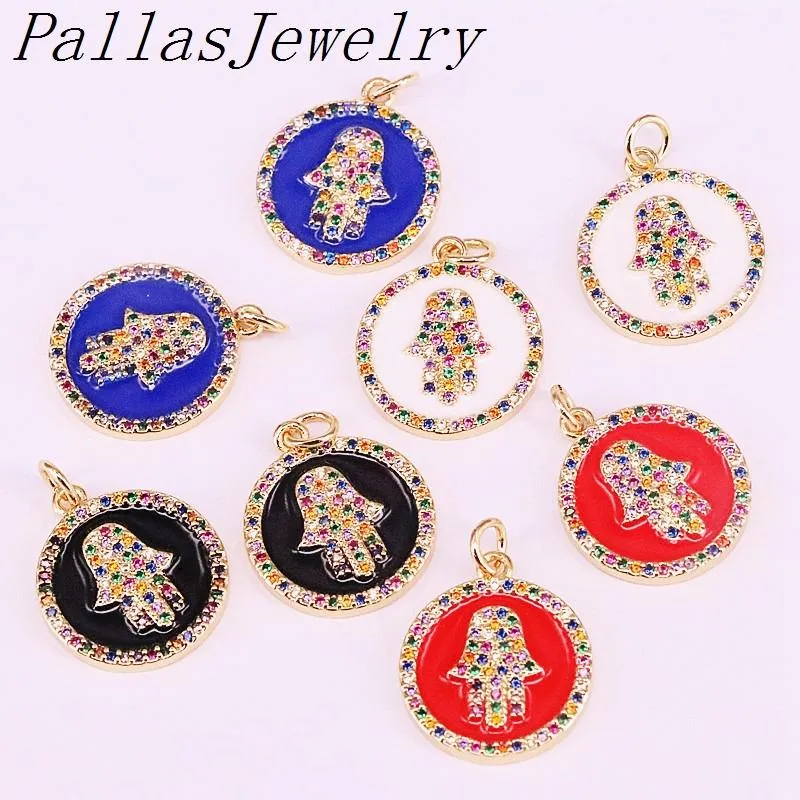 Pendanthalsband 10st mode Rainbow CZ Pave Hamsa Hand Emalj charm runda guldsmycken för kvinnor1219k