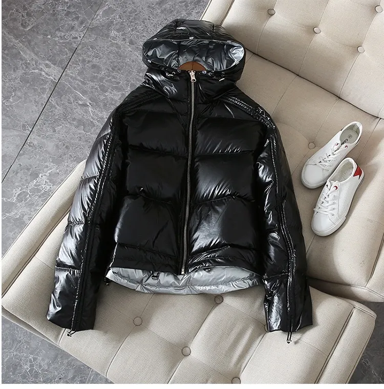 FTLZZ Argent Rose Vers Le Bas Manteau Veste D'hiver Femmes À Capuche Duvet De Canard Blanc Parkas Femme Lâche Double Face Imperméable Survêtement 200919