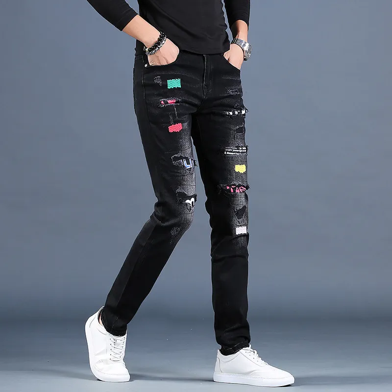 Wholesale Men's Ripped hole 3D embroidery patch black jeans men's brand slim feet casual pants summer thin jeans hombre 201128