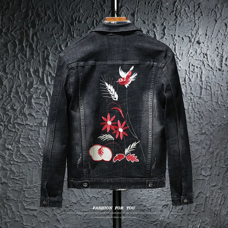 2020 Autumn Men's Bird Floral Embroidery Turn Down Collar Black Denim Jackets + Jeans Pants Tracksuit Male Casual Set LJ201125