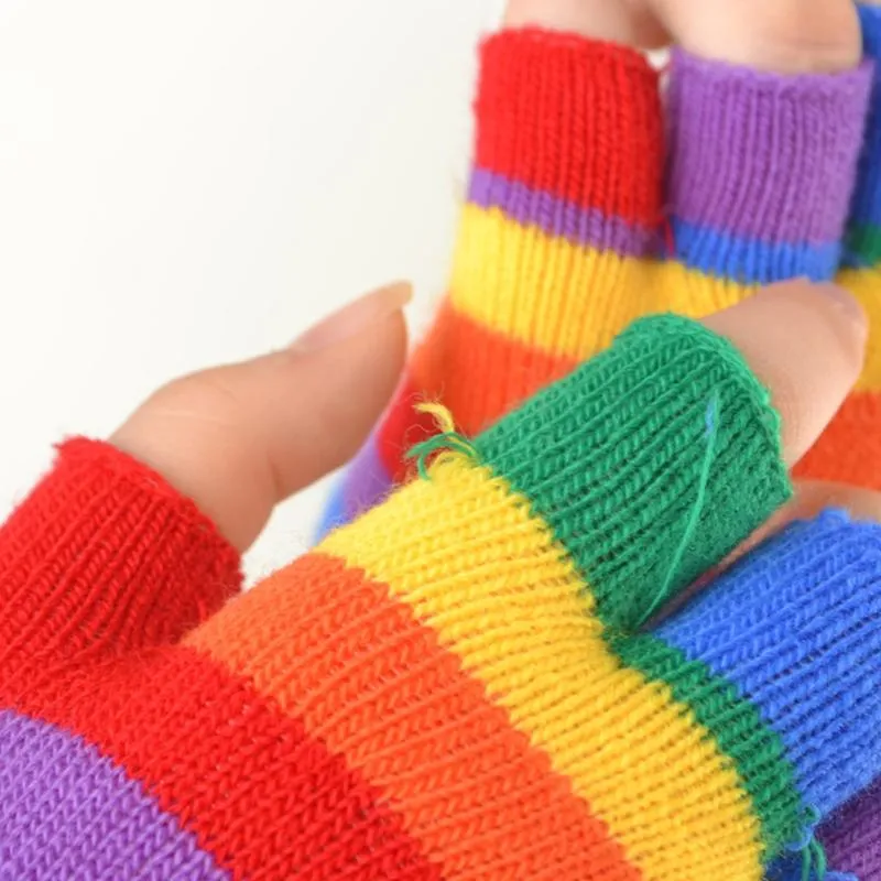 Gants d'hiver tricotés pour enfants, demi-doigt complet, rayures colorées arc-en-ciel, pour garçons et filles, Harajuku, mitaines coupe-vent d'extérieur, 5-15T226m