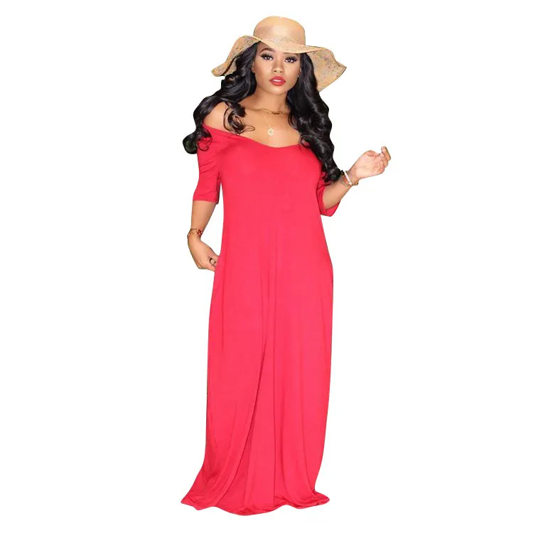 Candy Color Loose Maxi Vestidos Lady Long Dress Bohemian Women Off the Shoulder Short Sleeve Robes With Pocket T200618