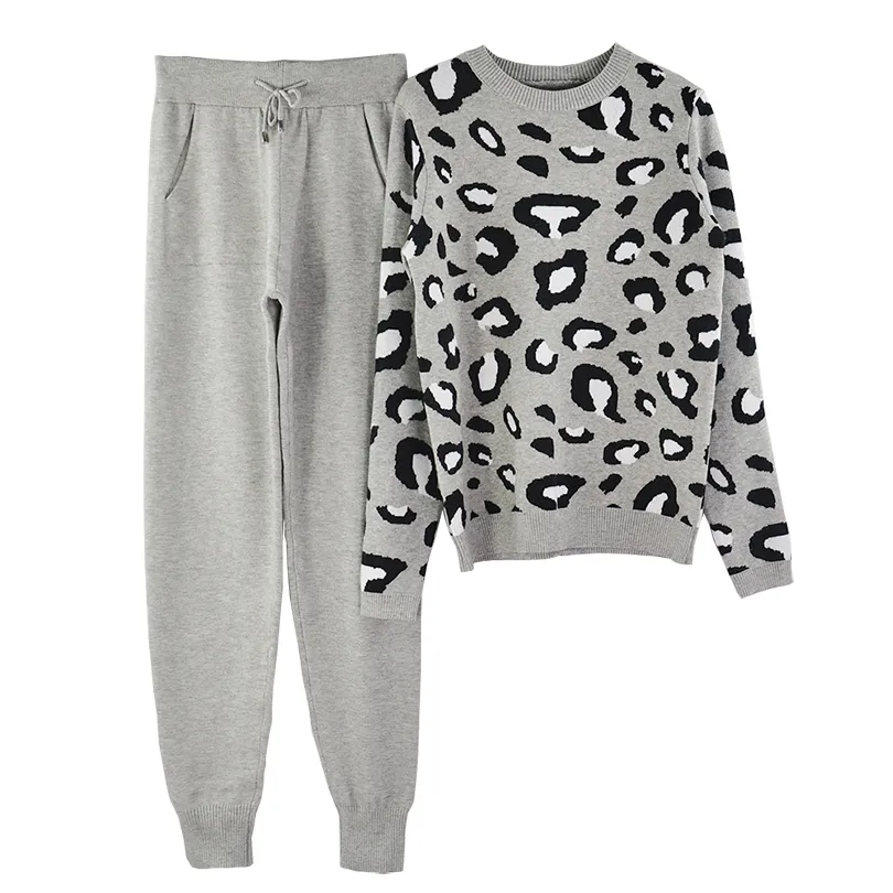 Taovk outono e inverno mulheres moda leopardo malha o-collor panllover camisola e calças dois pedaço conjunto t200702